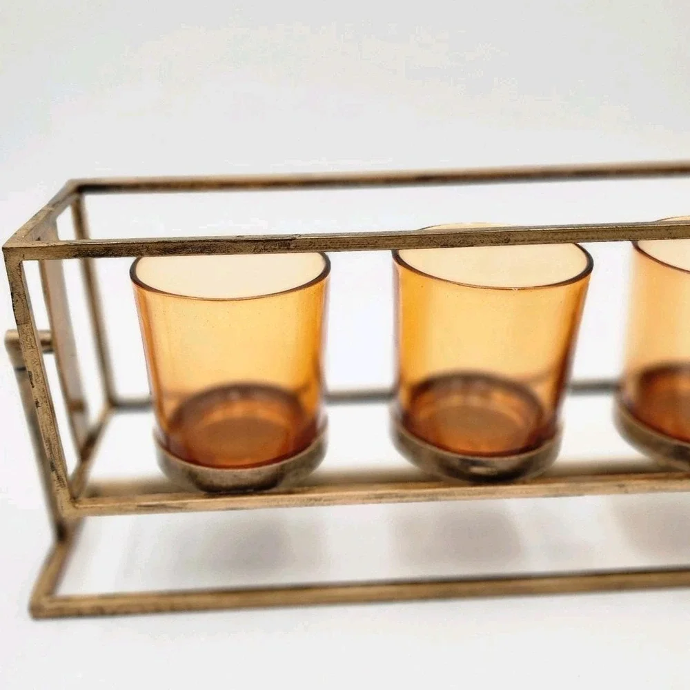 Rustic Triple Votive Tealight Candle Holder Aged Amber Glass In Brushed Bronze